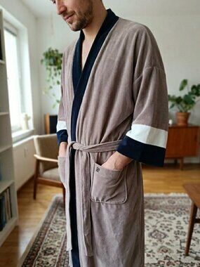 Vintage Pierre Cardin Paris Velour Bathrobe Butterscotch Caramel Tan Black White